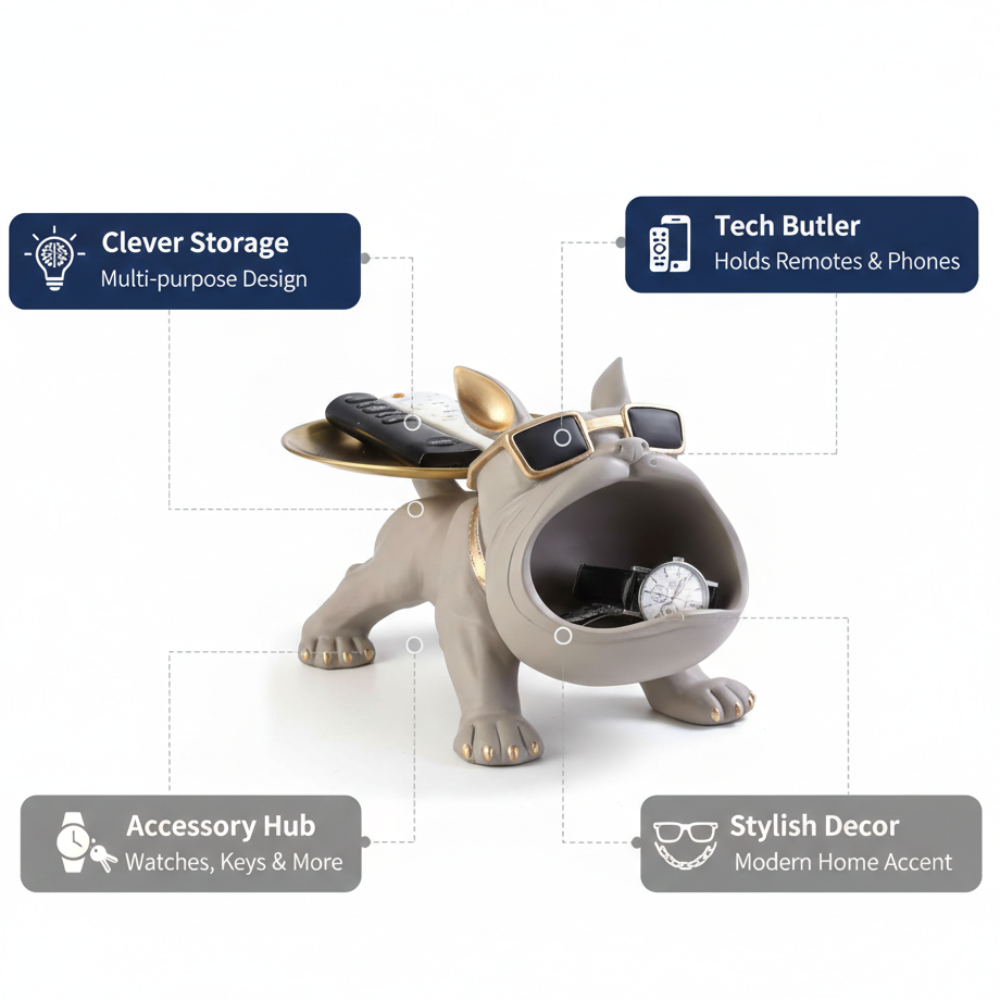 Luxury French Bulldog Butler Statue with Gold Storage Tray