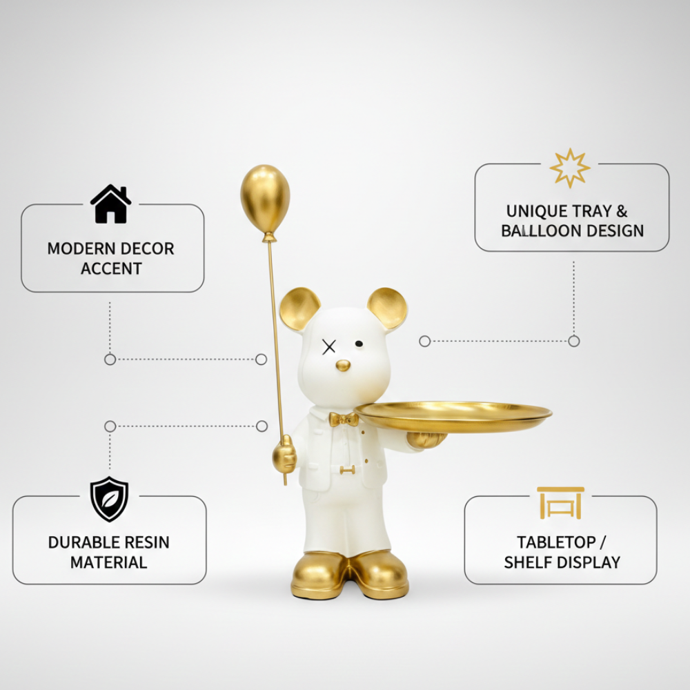 White & Gold Luxury Bear Butler Tray Showpiece
