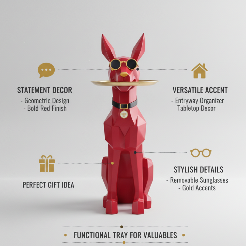 Geometric Dog Butler Tray Statue (Red)