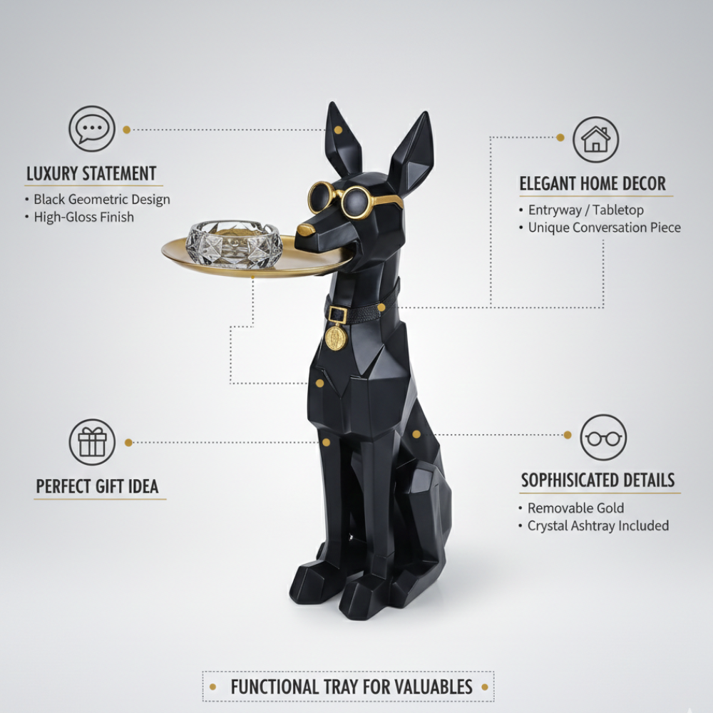 Geometric Doberman Butler Tray Statue (Black & Gold)