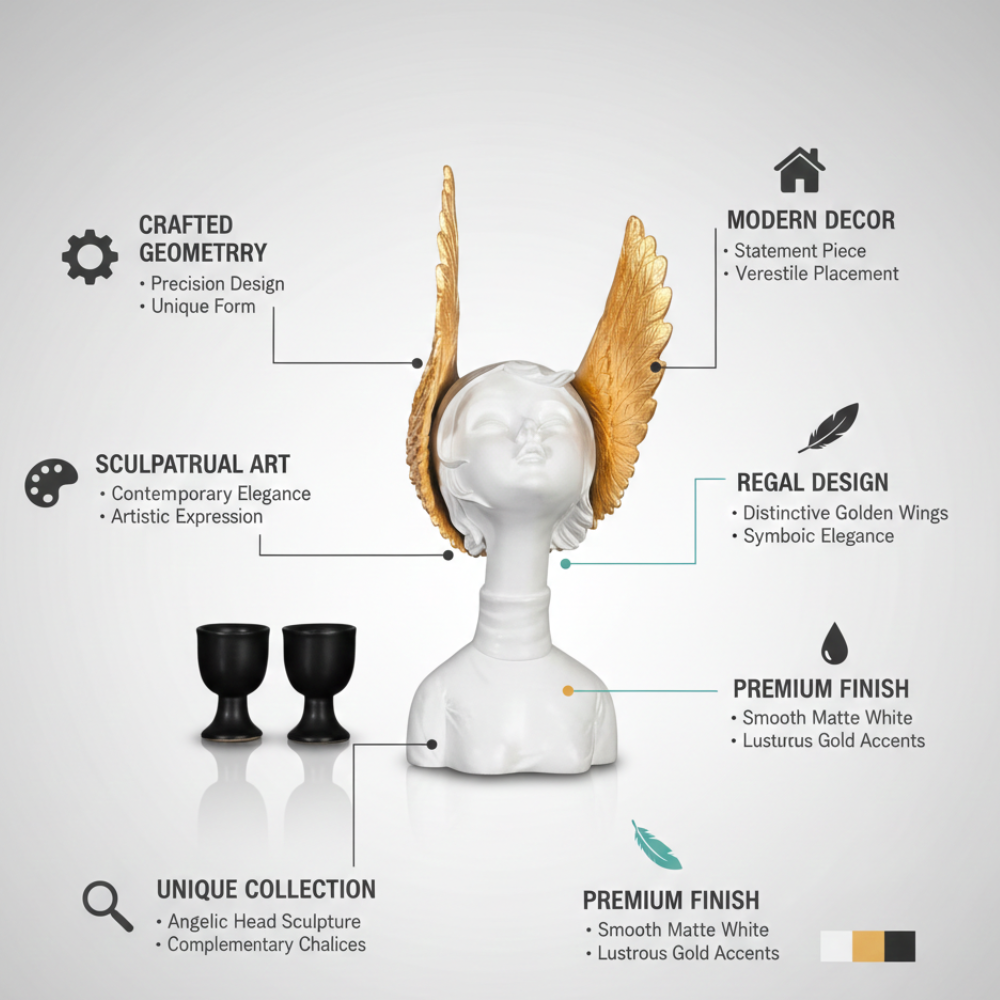 White Angel Face Sculpture with Golden Wings