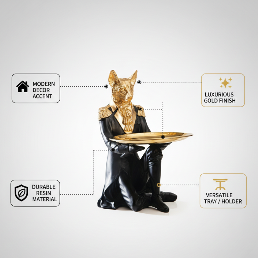 Black & Gold Royal Fox Butler Tray Statue
