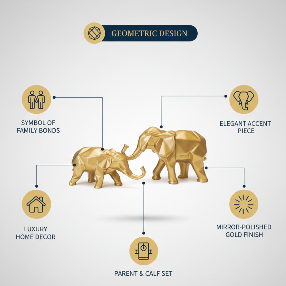Golden Geometric Elephant Showpiece Set