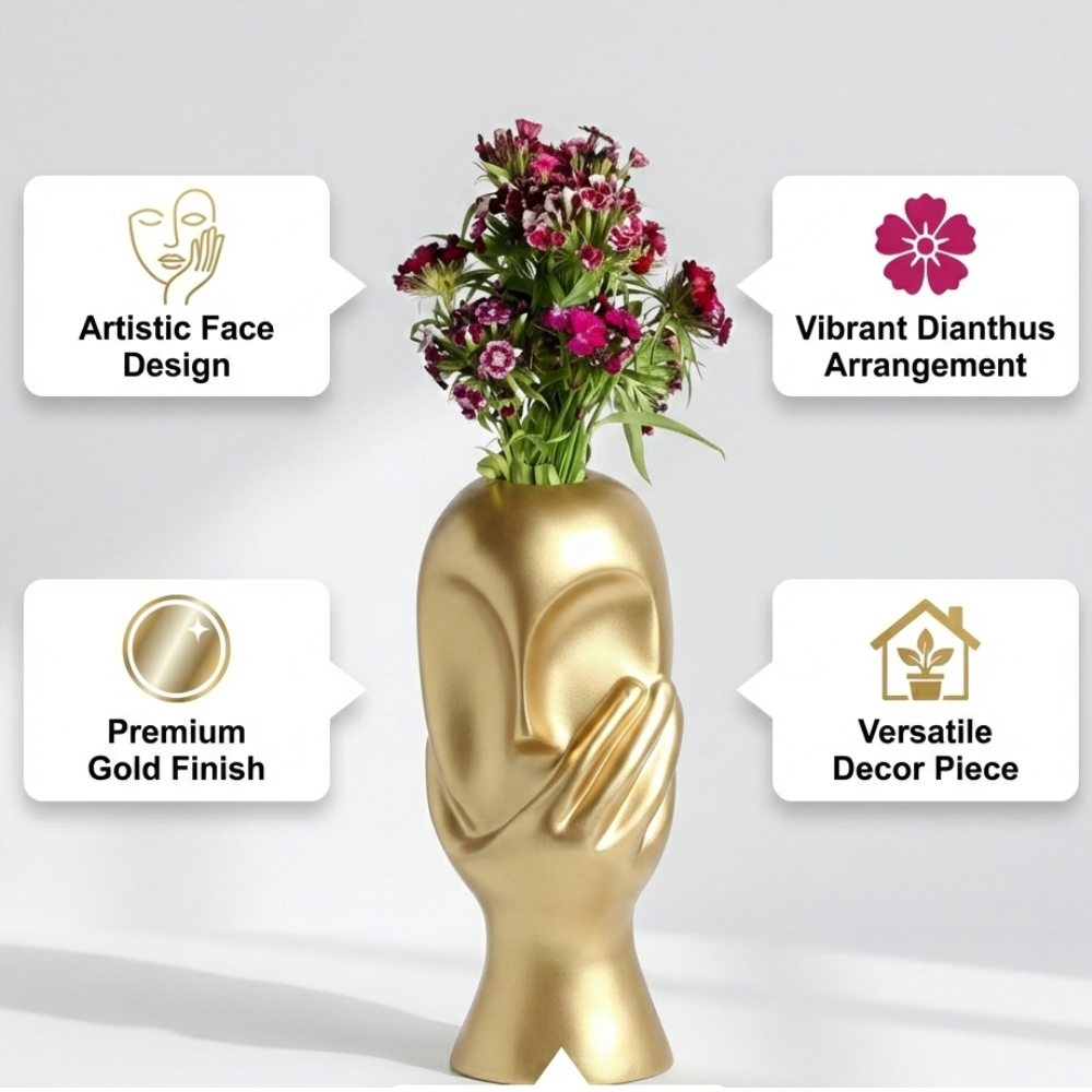 Golden Face Vase with Hand Sculpture