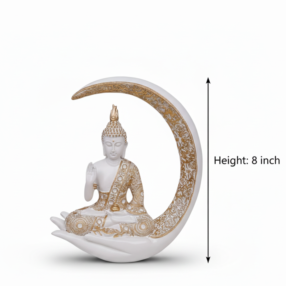 White & Gold Meditating Buddha Statue in Crescent Moon