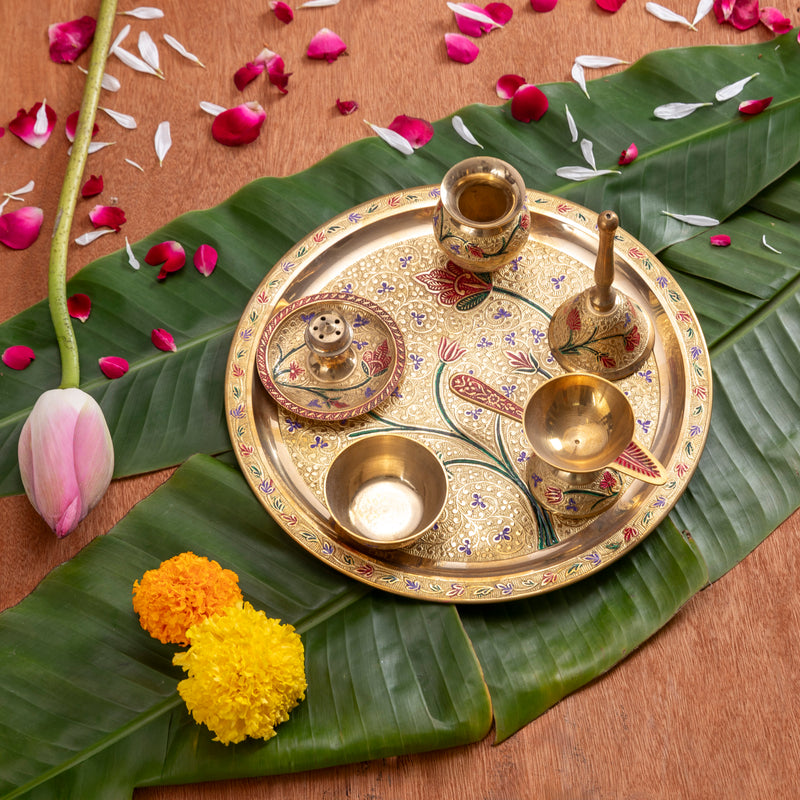 Designer Pooja Thali Set 10 Inch | Made of Pure Brass with Meenakari Work | 1.165 Kg