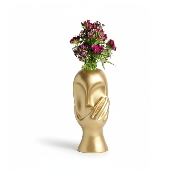 Golden Face Vase with Hand Sculpture