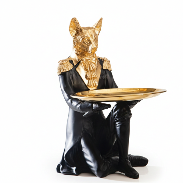 Black & Gold Royal Fox Butler Tray Statue