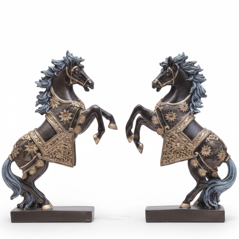 Royal Black & Gold Horse Pair Showpiece
