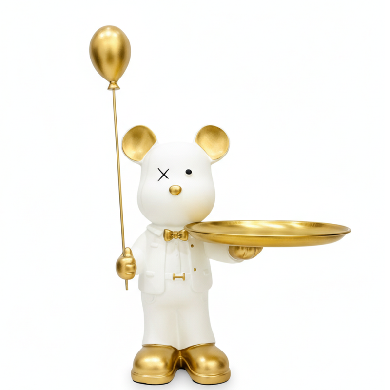 White & Gold Luxury Bear Butler Tray Showpiece