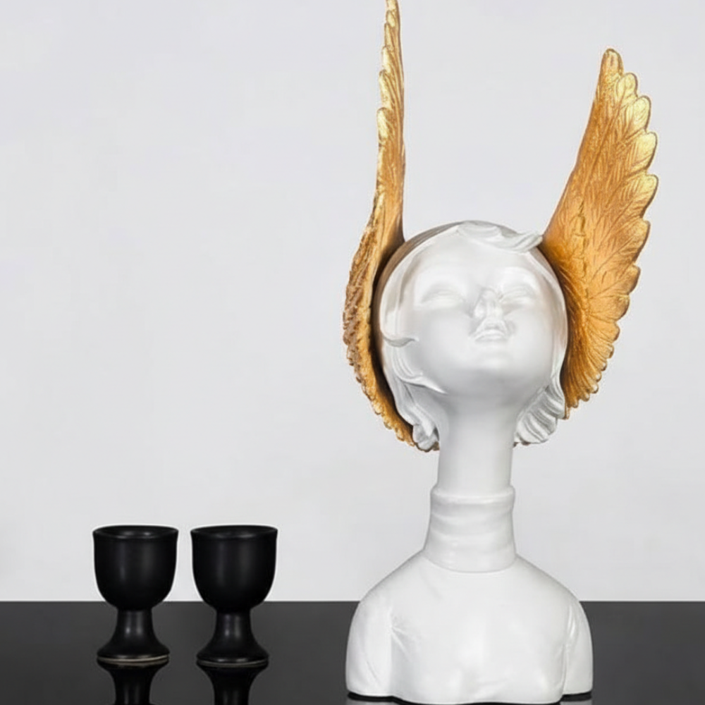 White Angel Face Sculpture with Golden Wings