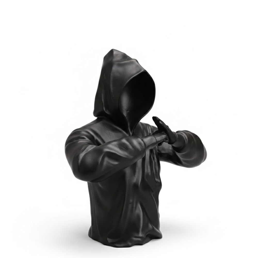 Matte Black Faceless Hooded Figure Sculpture