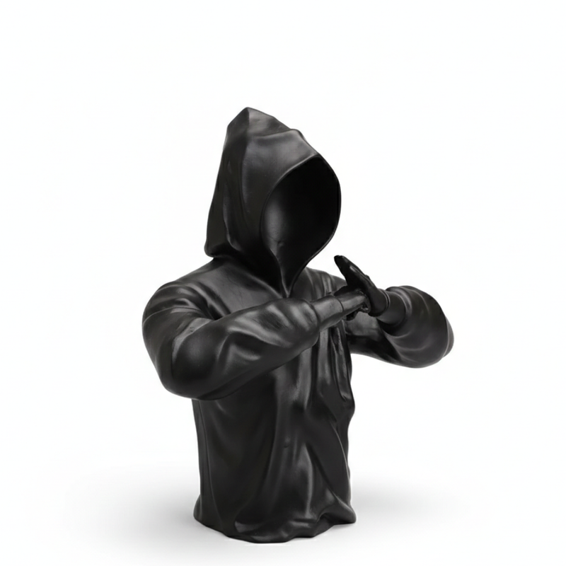 Matte Black Faceless Hooded Figure Sculpture