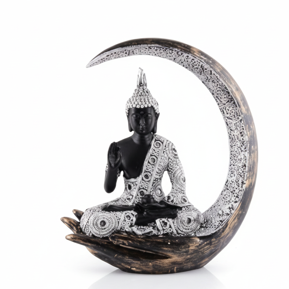 Black & Silver Buddha on Crescent Moon Statue