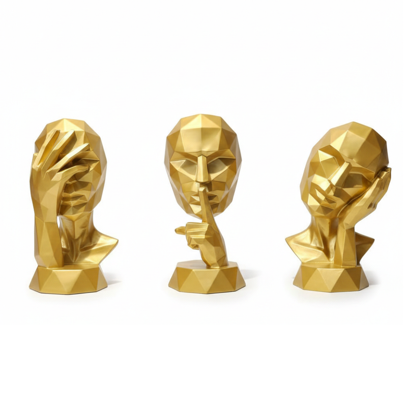 Golden Abstract Face Statue Set