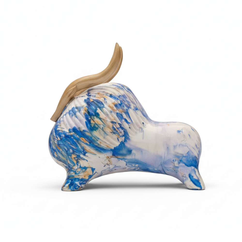 Abstract Blue & White Bull Sculpture