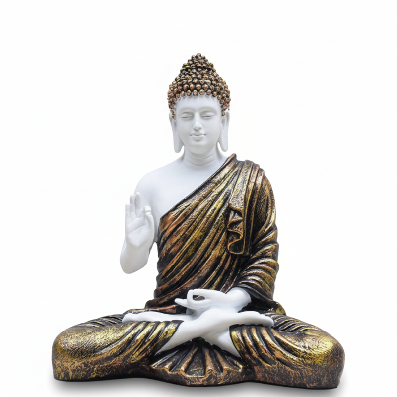White & Antique Gold Meditation Buddha Statue