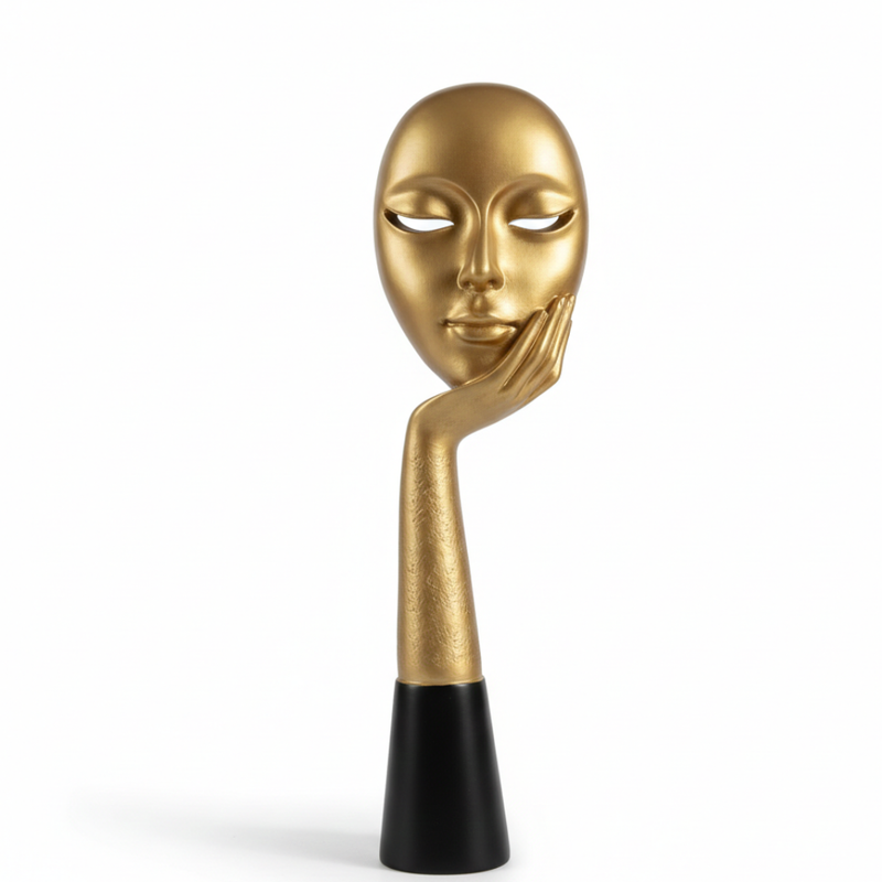 Golden Abstract Face Sculpture with Hand Pose