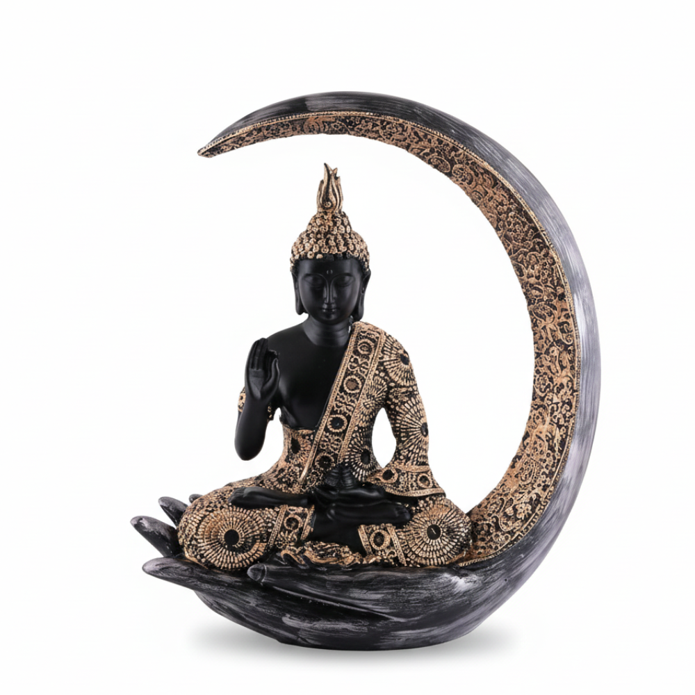 Black & Gold Meditating Buddha Crescent Moon Statue