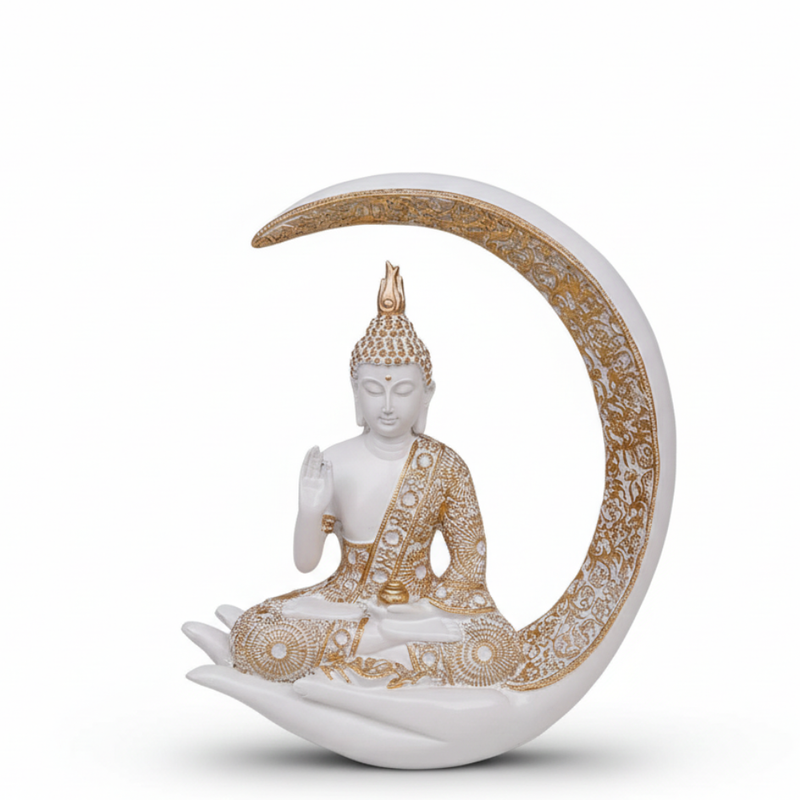 White & Gold Meditating Buddha Statue in Crescent Moon