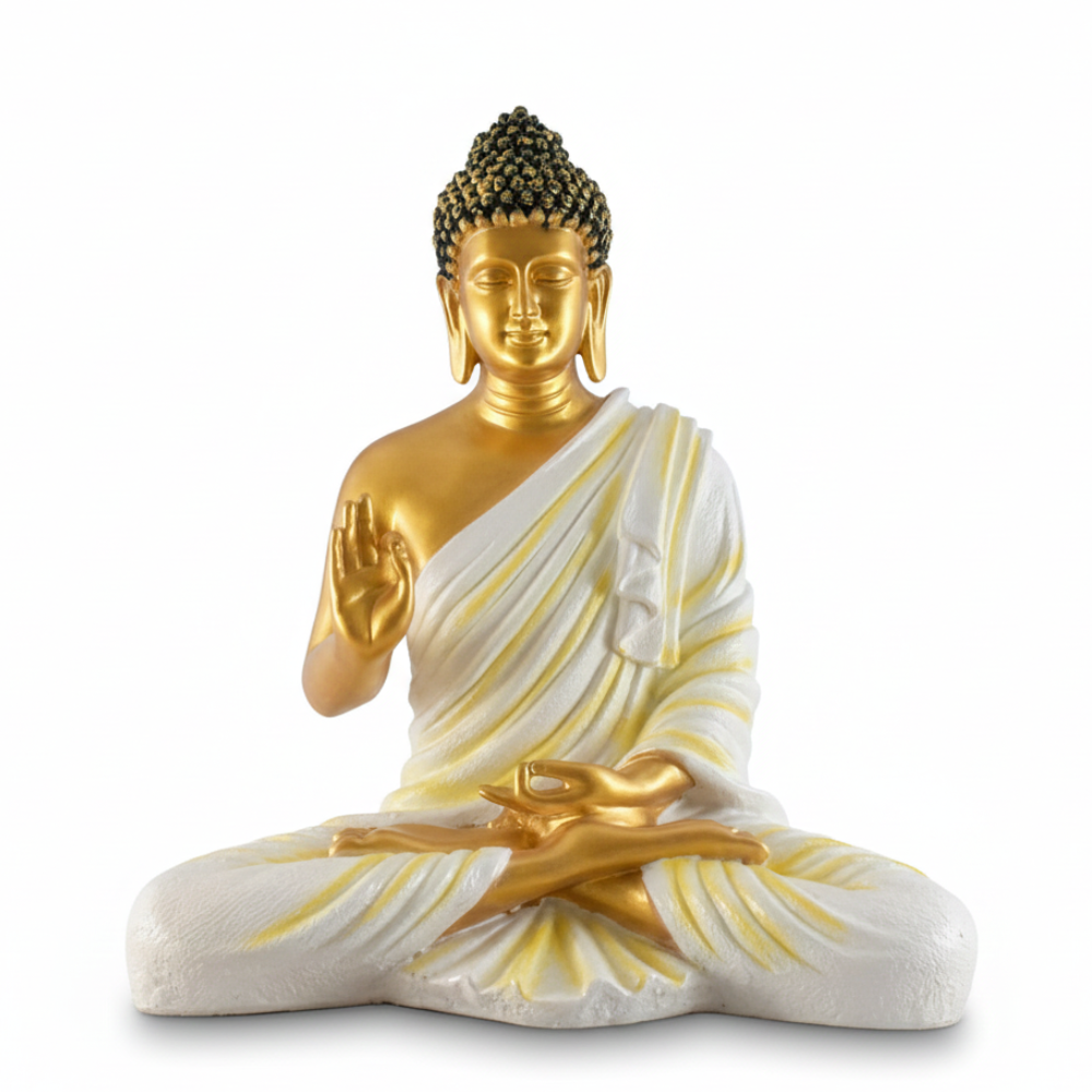 Gold & White Meditating Buddha Statue in Abhaya Mudra