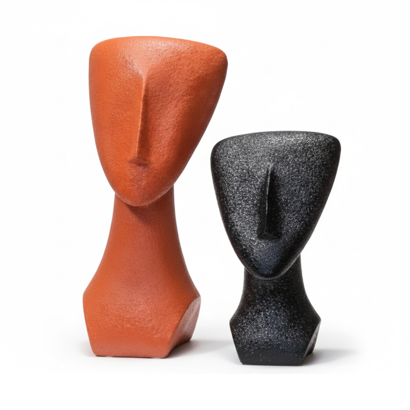 Terracotta & Black Abstract Face Sculpture