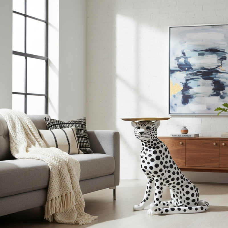Spotted Leopard Butler Tray Statue
