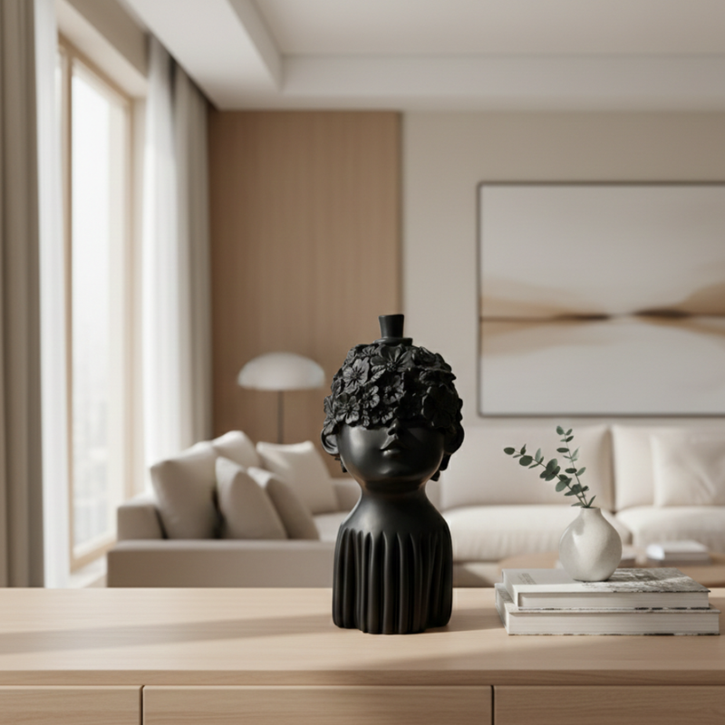 Black Floral Face Sculpture Vase