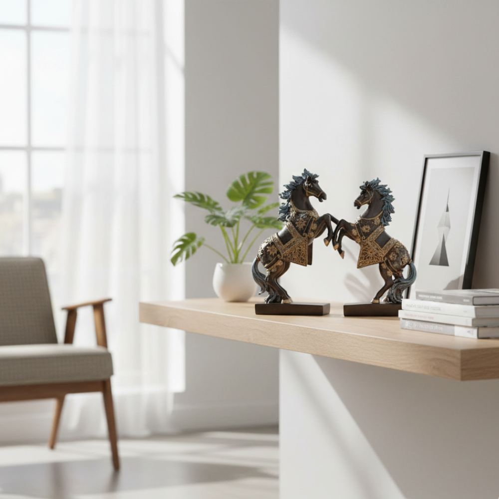 Royal Black & Gold Horse Pair Showpiece