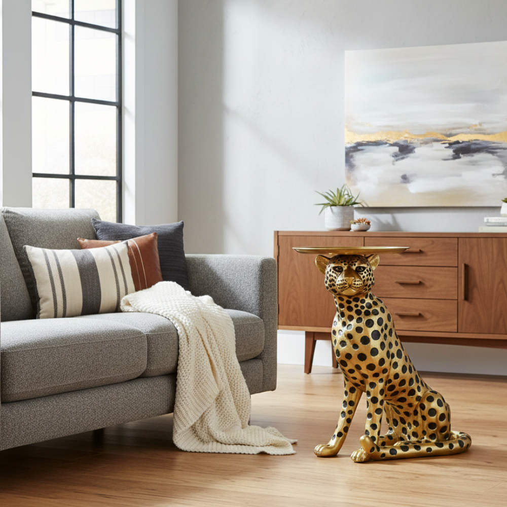 Golden Leopard Butler Tray Statue