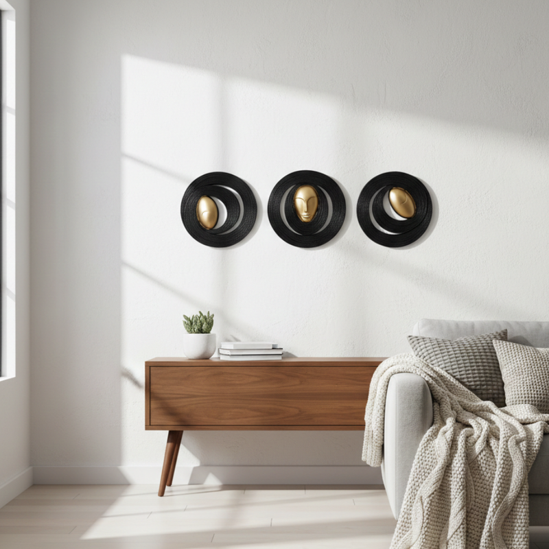 Abstract Golden Face Wall Decor with Black Circular Frame