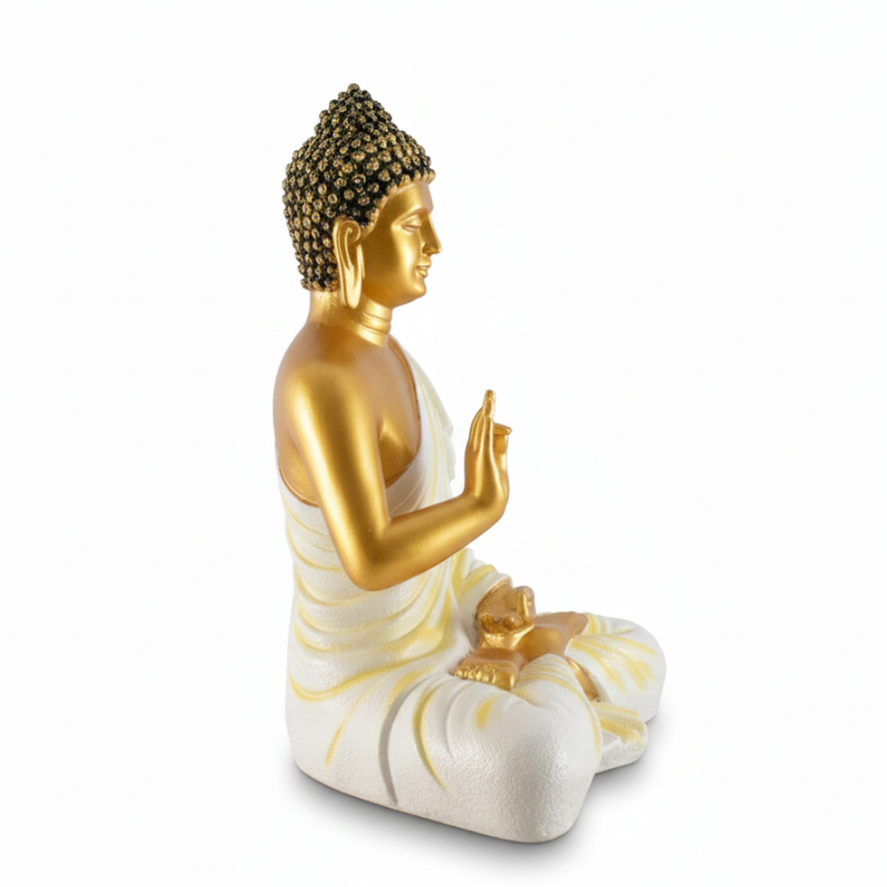 Gold & White Meditating Buddha Statue in Abhaya Mudra