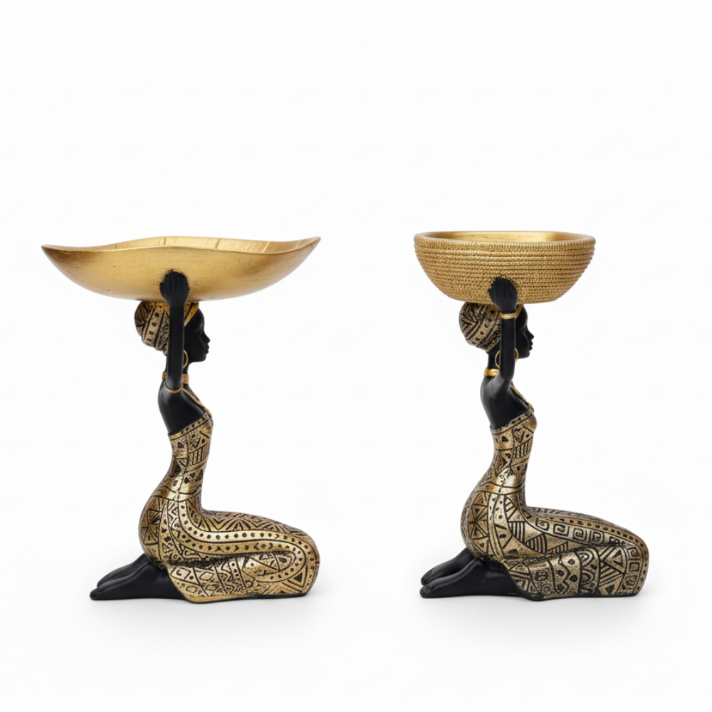 African Tribal Woman Decorative Bowl Statue