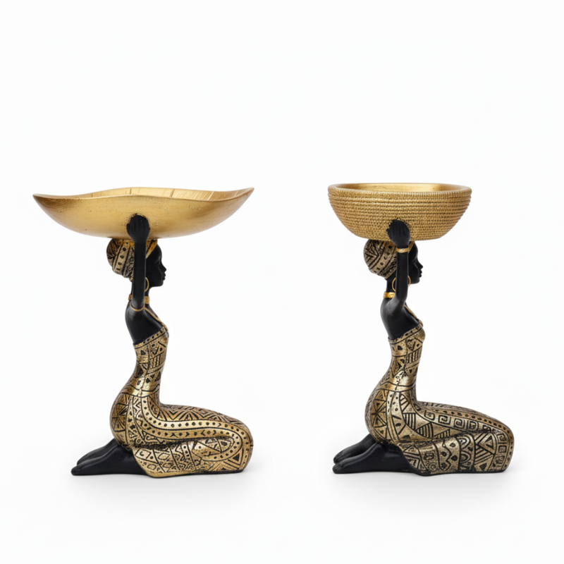 African Tribal Woman Decorative Bowl Statue