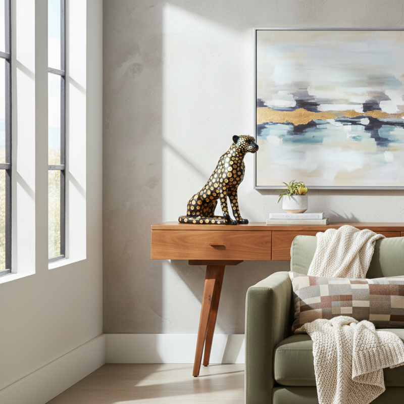 Black & Gold Spotted Leopard Statue