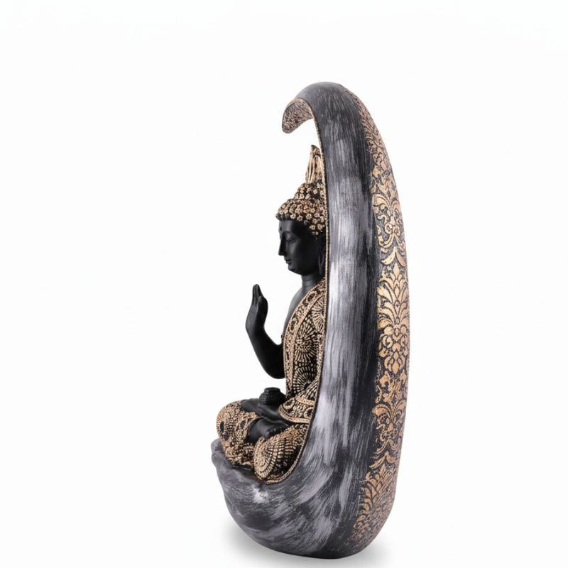 Black & Gold Meditating Buddha Crescent Moon Statue