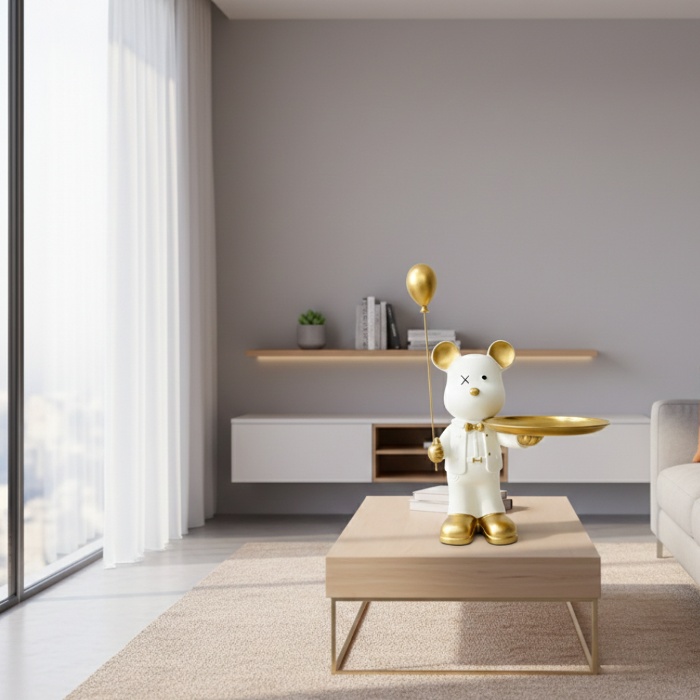 White & Gold Luxury Bear Butler Tray Showpiece