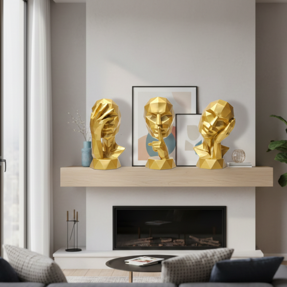 Golden Abstract Face Statue Set