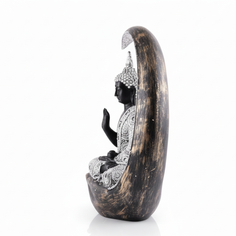 Black & Silver Buddha on Crescent Moon Statue