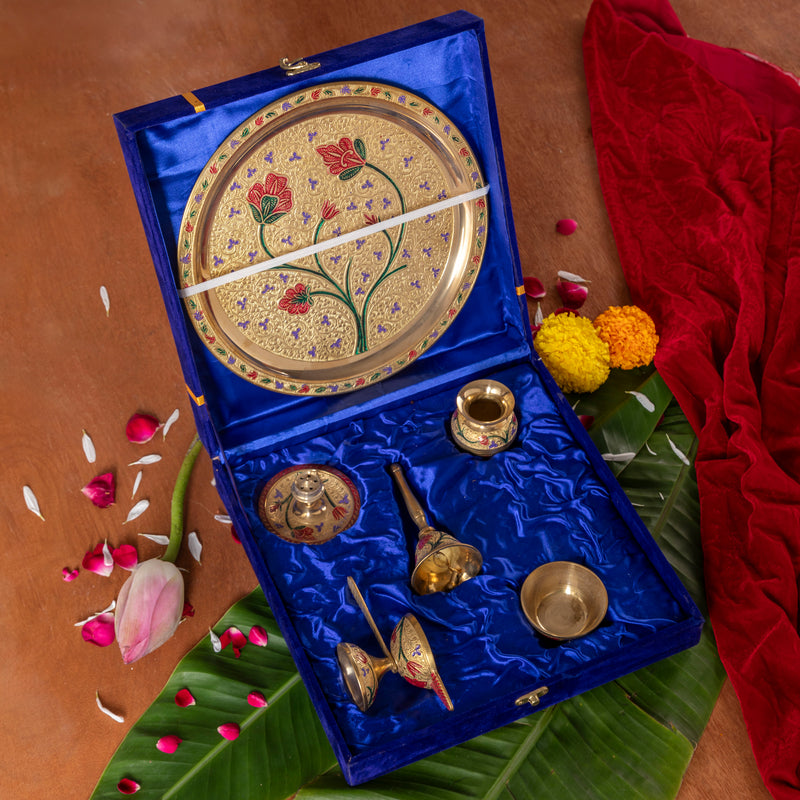 Designer Pooja Thali Set 10 Inch | Made of Pure Brass with Meenakari Work | 1.165 Kg