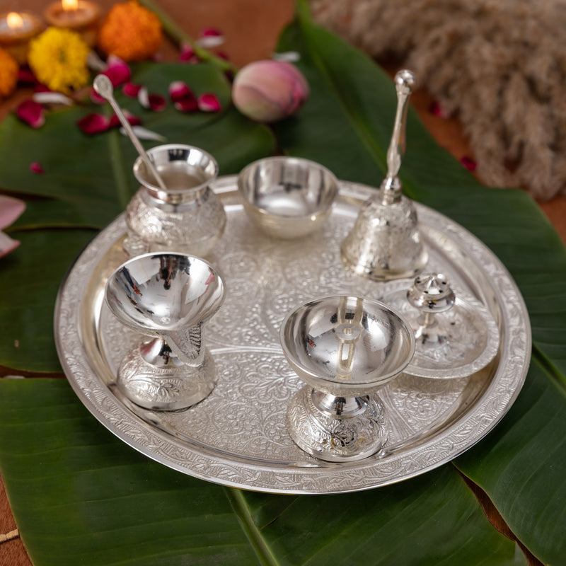 Pure Brass Silver Plated Designer Pooja Thali Set | 1.27Kg