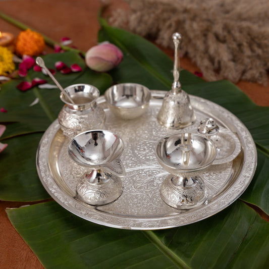 Pure Brass Silver Plated Designer Pooja Thali Set | 1.27Kg