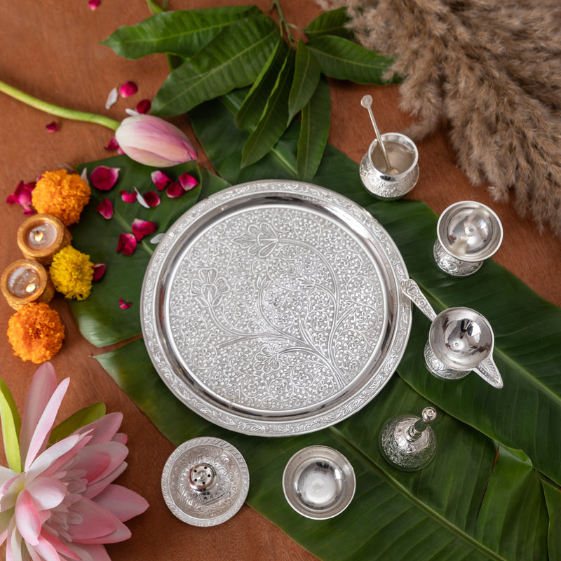 Pure Brass Silver Plated Designer Pooja Thali Set | 1.27Kg
