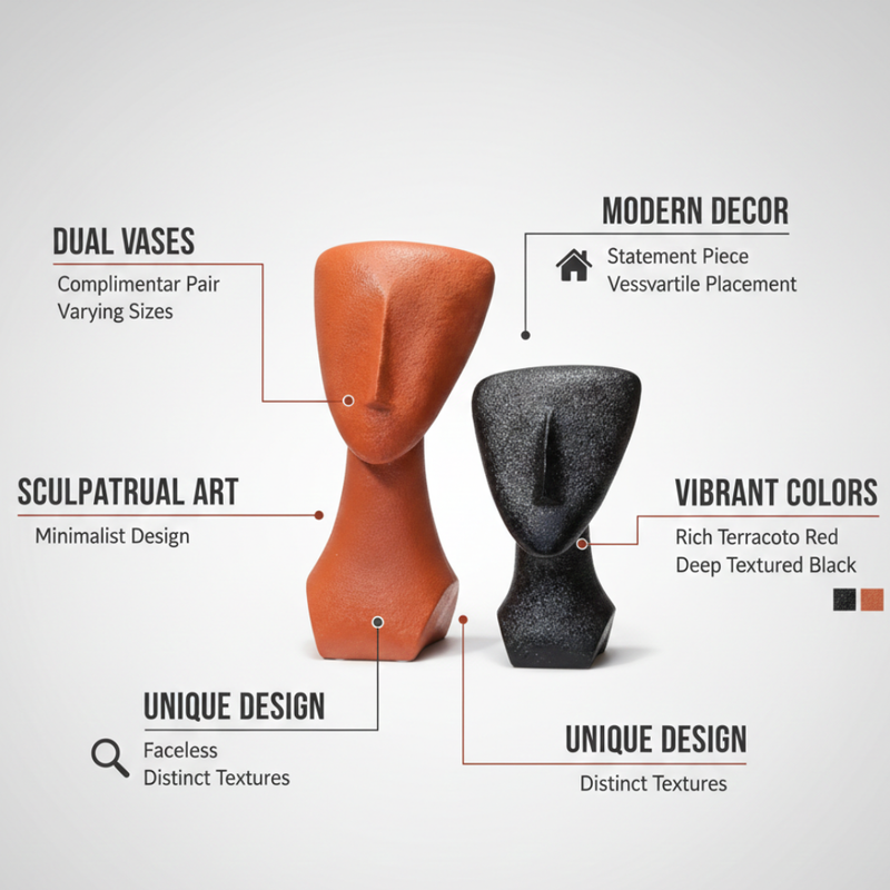 Terracotta & Black Abstract Face Sculpture