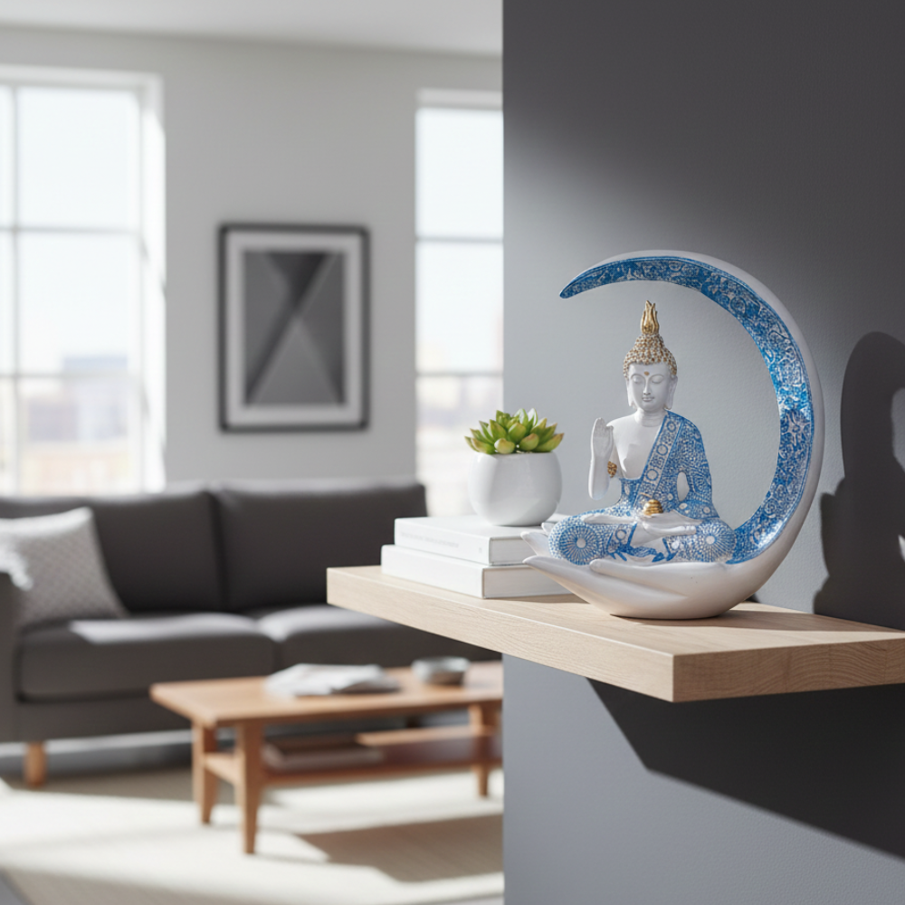 Blue & White Moon Buddha Statue