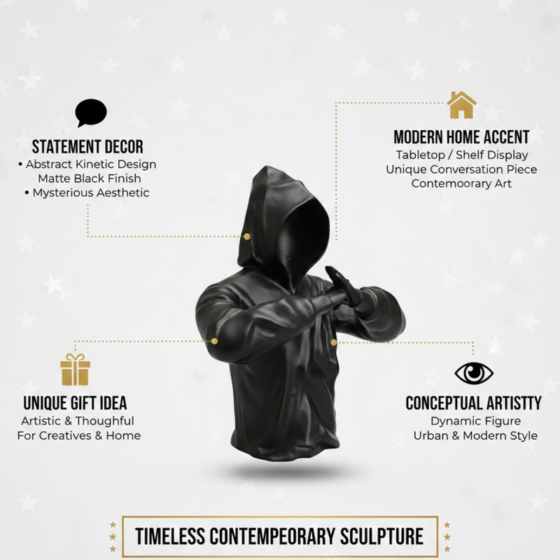 Matte Black Faceless Hooded Figure Sculpture