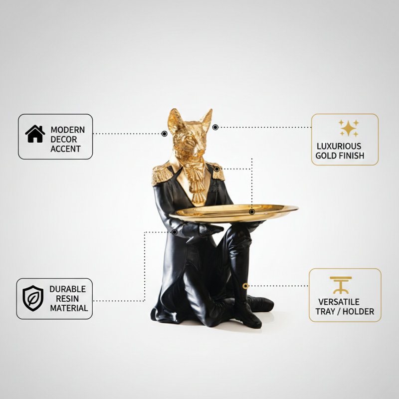 Black & Gold Royal Fox Butler Tray Statue