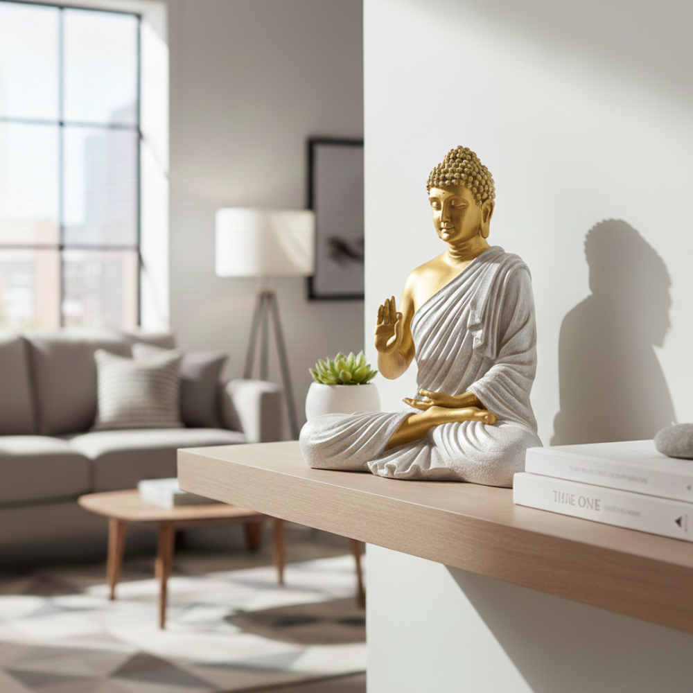 Gold & White Meditating Buddha Statue in Abhaya Mudra