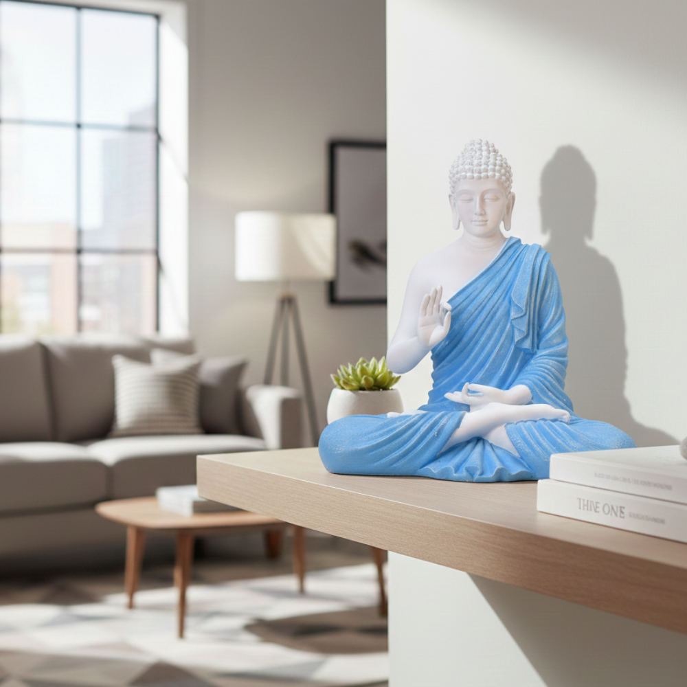 White & Blue Meditating Buddha Statue