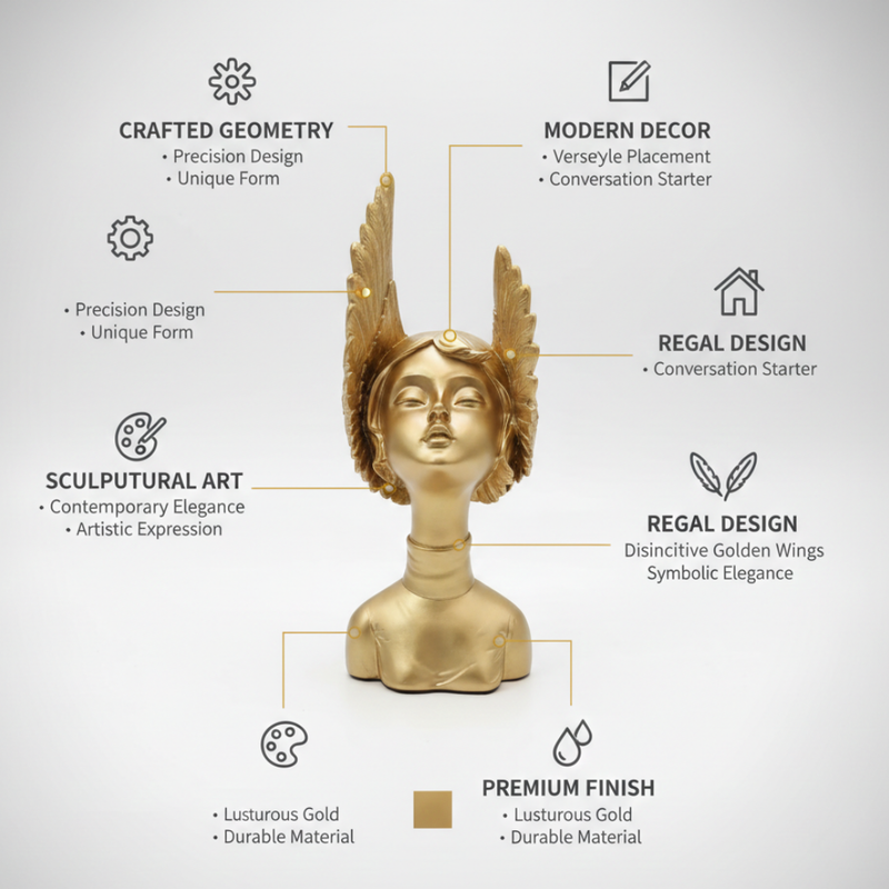 Golden Angel Face Sculpture with Wings